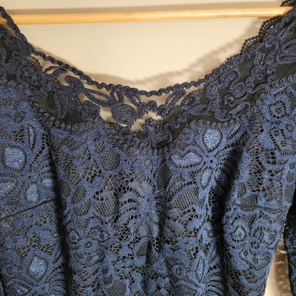 Navy Blue Dress with Elastic Waist 3/4 Sleeves and Lace Overlay - Picture 14 of 16